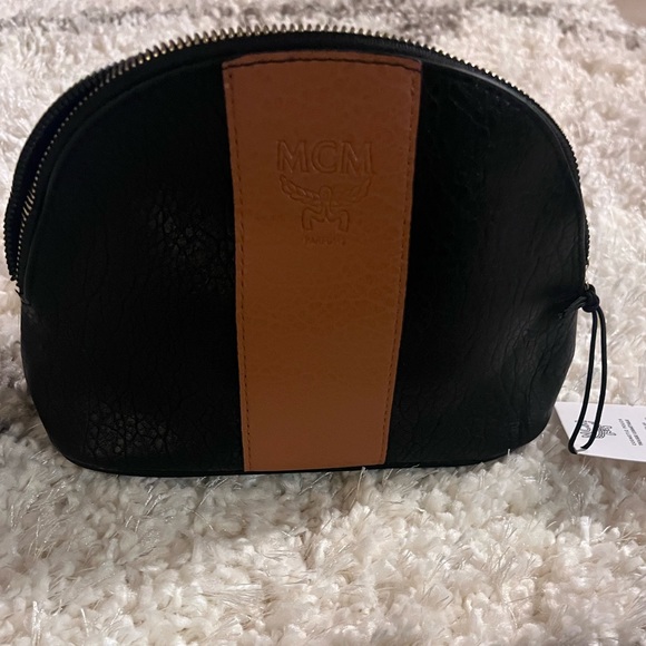 MCM Embossed Logo stripe Clutch Cosmetic Pouch Bag Black & Beige Tan - Picture 4 of 8